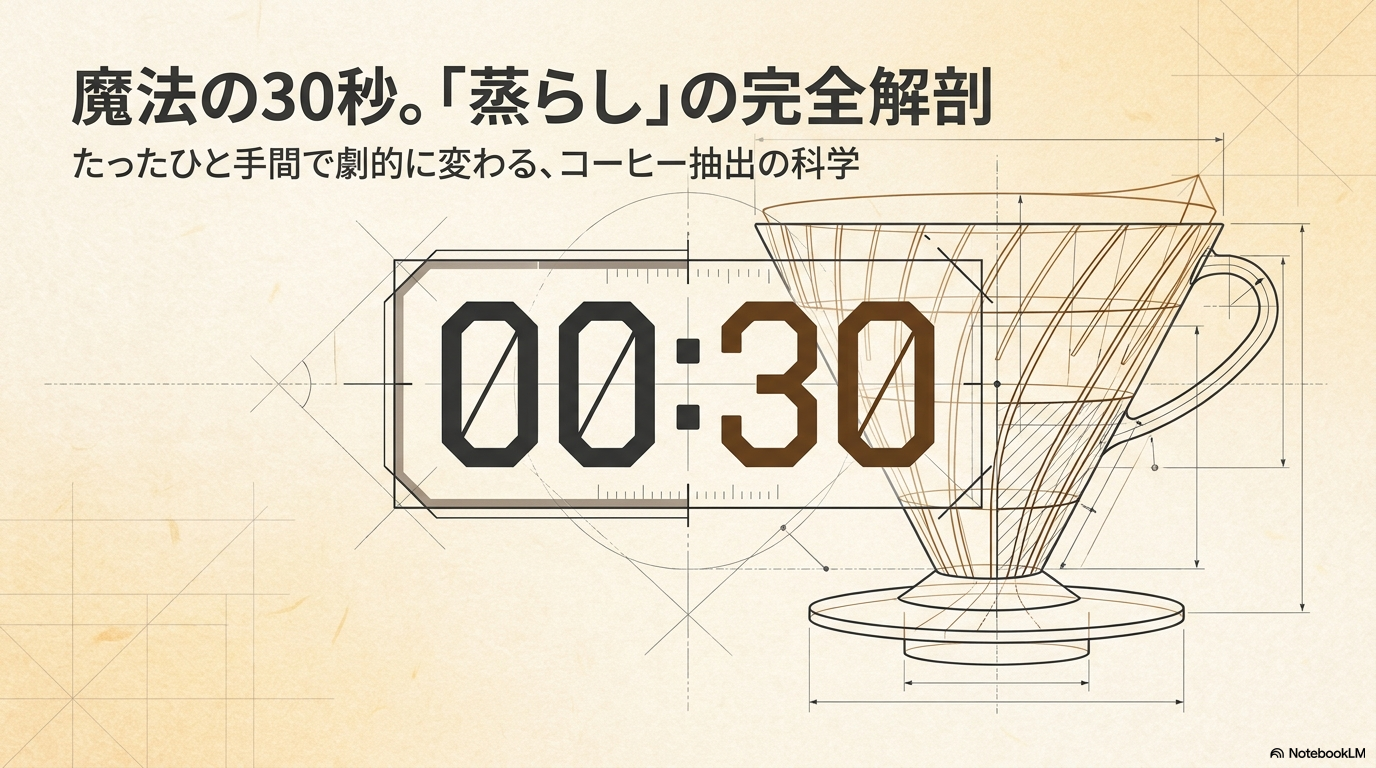 コーヒーの蒸らし時間30秒をテーマに、ドリッパーとタイマーを図解したスライド