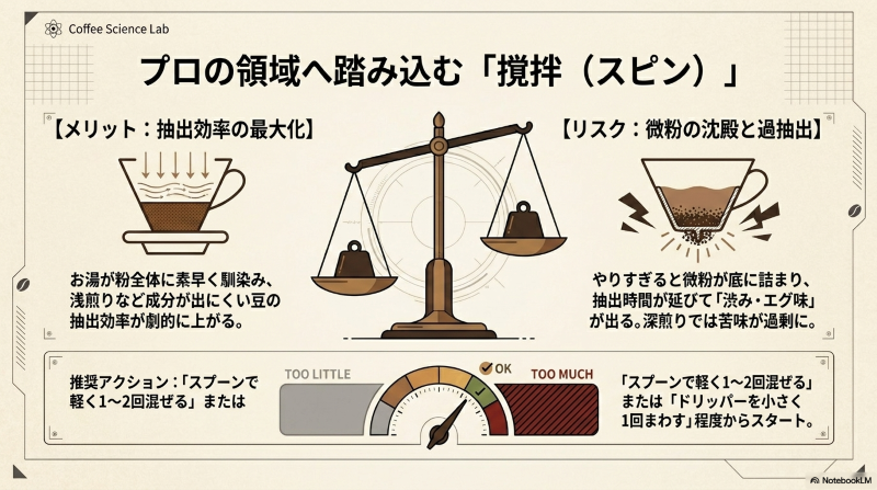 蒸らし中に撹拌やスピンを行うメリットと、微粉の沈殿や過抽出のリスクを解説したスライド