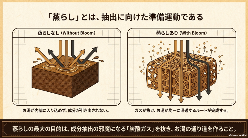 蒸らしなしと蒸らしありを比較し、炭酸ガスが抜けてお湯が均一に浸透する仕組みを示した図解