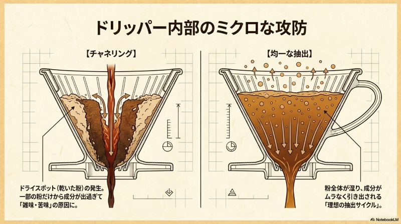チャネリングと均一な抽出を比較し、ドライスポットや抽出ムラが起きる仕組みを解説したスライド