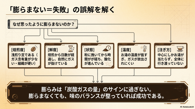 焙煎度、鮮度、粉の状態、湯温、注ぎ方の5つからコーヒー粉が膨らまない原因を整理したスライド