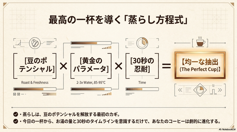 豆の状態、湯量と温度、30秒の蒸らし時間が均一な抽出につながることをまとめたスライド