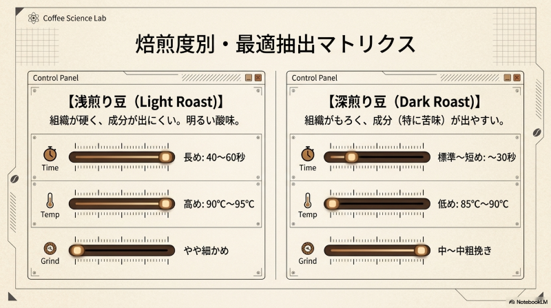 浅煎り豆と深煎り豆の蒸らし時間、湯温、挽き目の違いを比較した抽出マトリクス