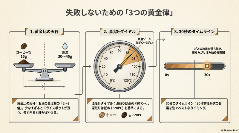 コーヒー粉15gに対する湯量30〜45g、温度85〜95℃、蒸らし時間30秒の目安をまとめた図解
